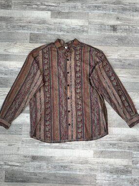 Peruvian Connection Men's Brown Patterned Long Sleeve Button Down Size Large C16